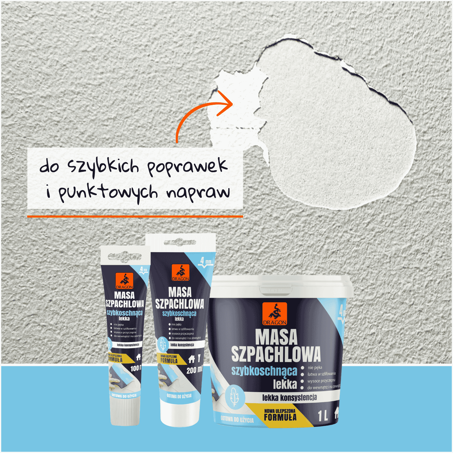 Szybkoschnąca lekka masa szpachlowa Dragon. Grafika pokazuje użycie produktu do szybkich poprawek i punktowych napraw uszkodzonej ściany.